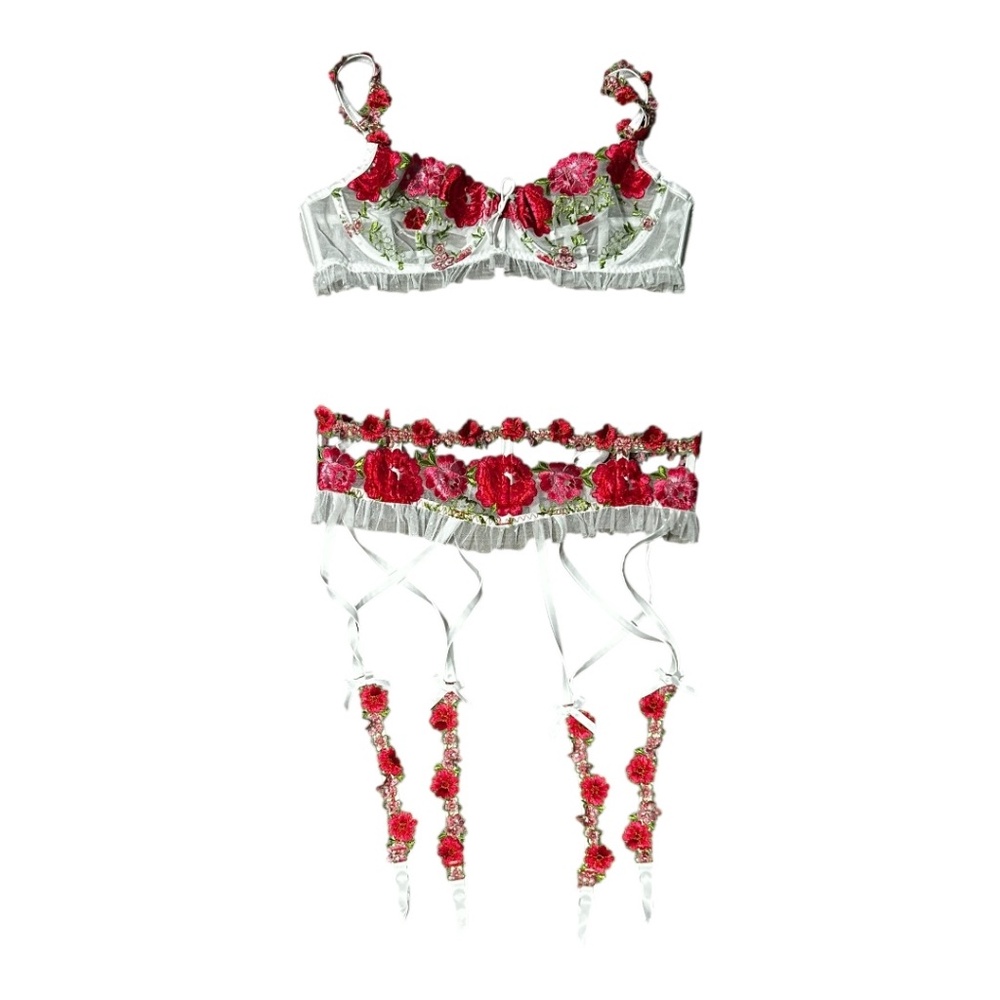 For Love And Lemons White Bra & Garter Set with Red Floral Embroidery
